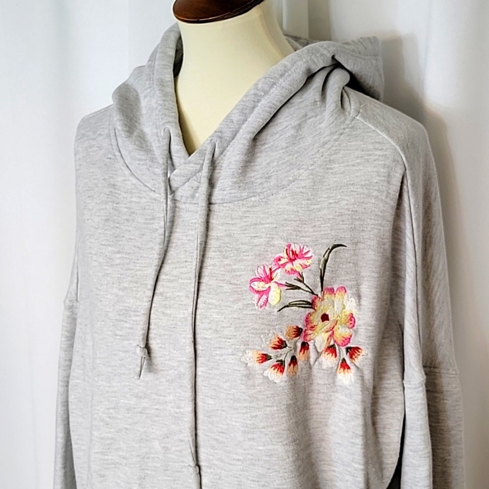 Light Gray Floral Embroidered Hoodie Top - Women's Sweatshirt - Picture 2 of 8